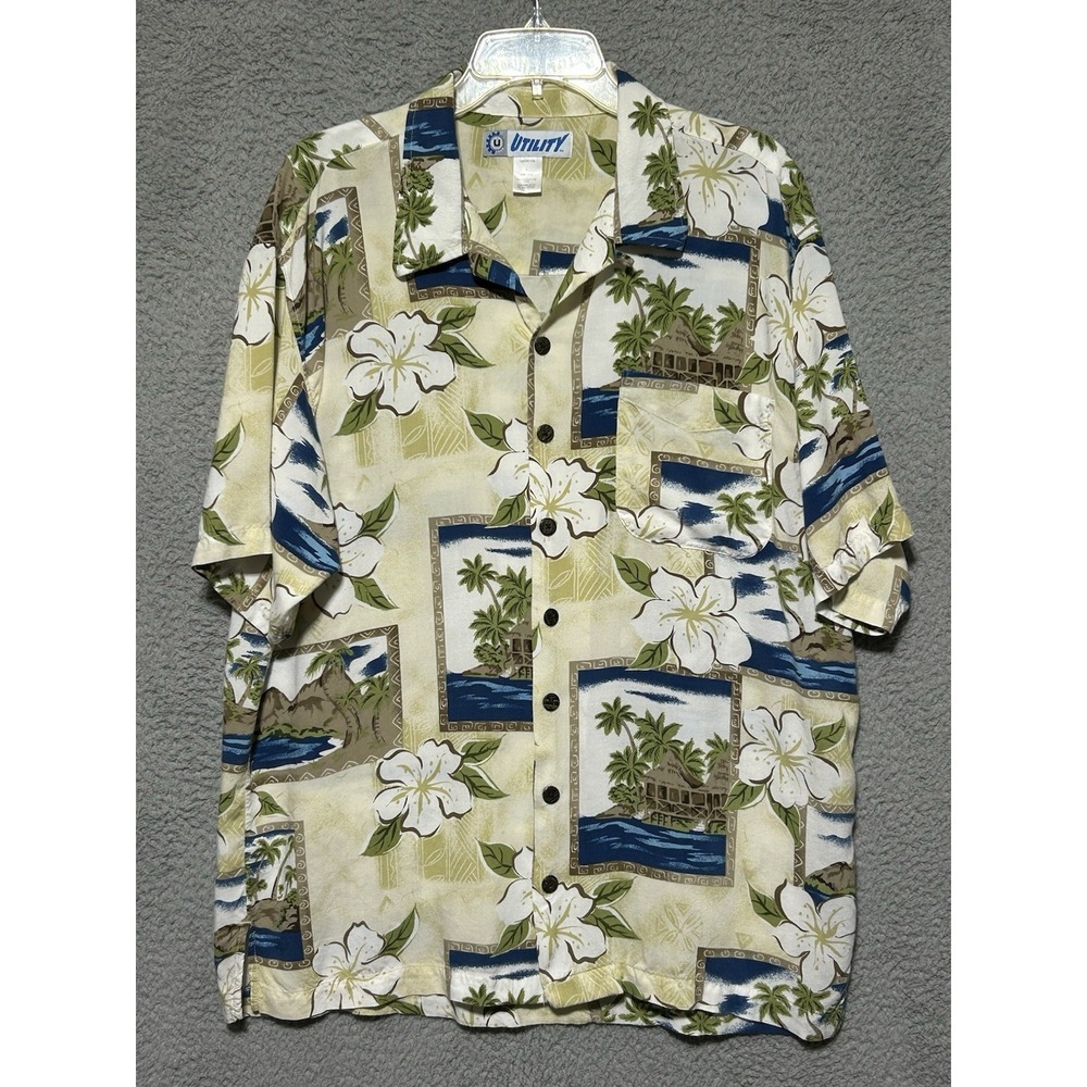 Utility Hawaiian Shirt Mens Large Beige‎ Floral Tropical Aloha Camp Summer Beach